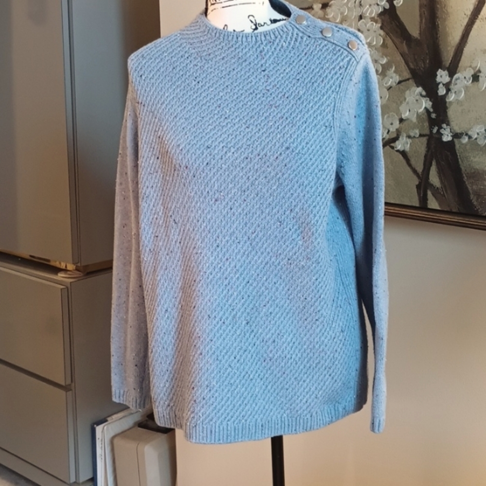 Talbot's Blue Sweater With Silver Buttons at Left Hand Shoulder.
